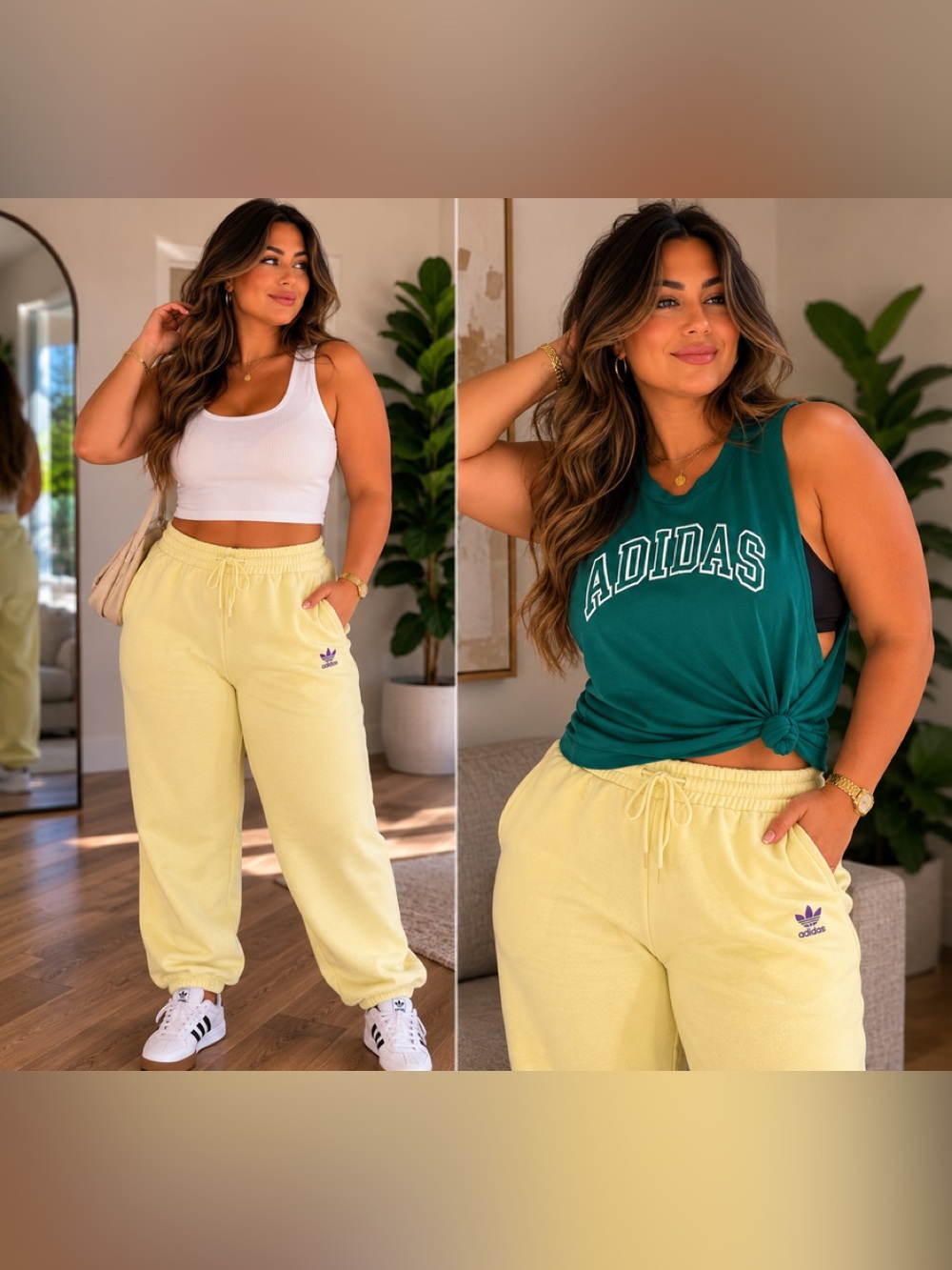 adidas Pale Yellow Fleece Jogger Pants with green tank top outfit